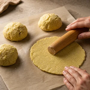 Cauliflower masa dough portions flattened on parchment