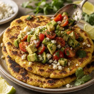 Charred cauliflower flatbread topped with avocado tomato salsa