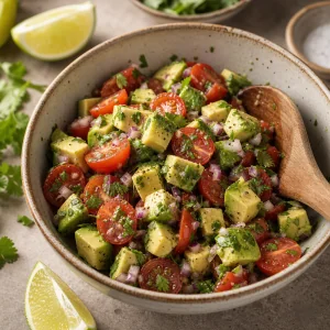 Chunky avocado tomato salsa tossed with cilantro and lime