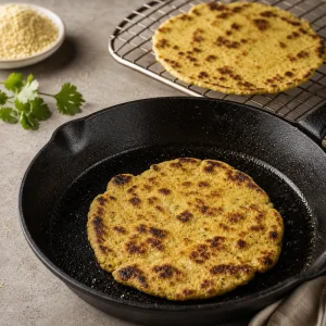 Golden cauliflower flatbread cooking in a cast-iron skillet