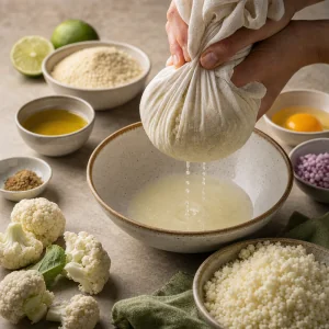 Riced cauliflower squeezed in a kitchen towel over a bowl