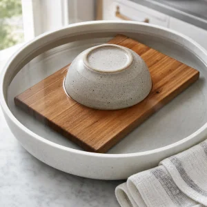 Cedar plank soaking under a bowl in cold water