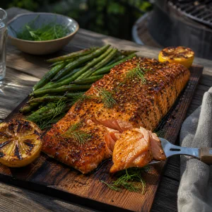 Glasierter Zedernlachs mit grünen Bohnen und gegrillten Zitronen