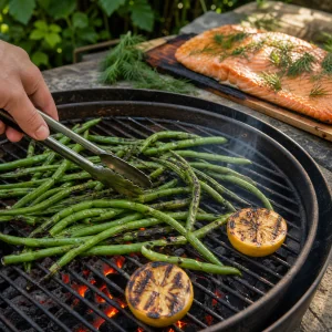 Green beans and lemon halves grilling over direct heat
