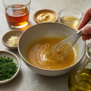 Maple-Dijon glaze being whisked in a bowl