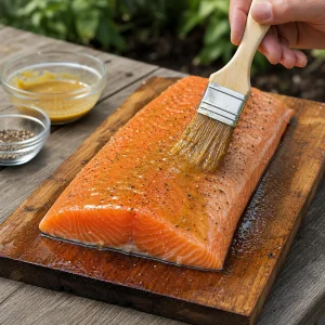 Raw salmon brushed with glaze on a cedar plank