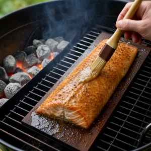 Cedar-plank salmon glazed over indirect heat