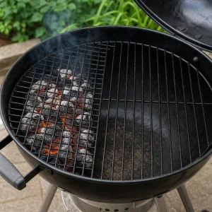 Charcoal grill arranged for two-zone cooking
