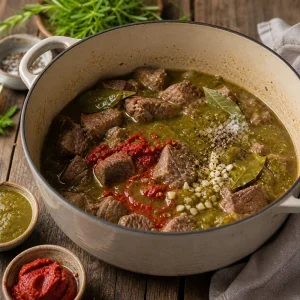 Browned lamb simmer base with plum sauce and bay leaves