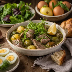 Chakapuli served with potatoes, bread, eggs, and salad