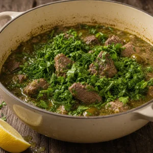 Fresh herbs folded into tender lamb stew