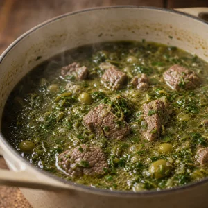 Herb-filled lamb stew warming gently on low heat
