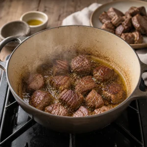 Lamb chunks browning in a heavy pot