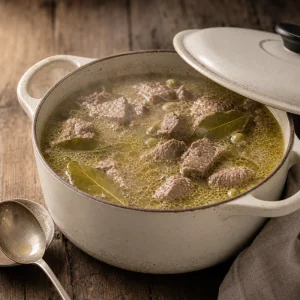 Lamb stew gently simmering under a partly covered lid