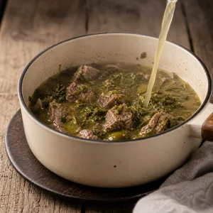 Leftover chakapuli reheating with a splash of broth