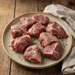 Raw lamb chunks seasoned with salt and black pepper