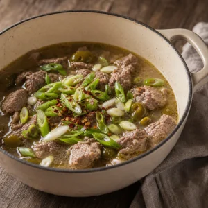 Scallions and red pepper flakes stirred into lamb stew