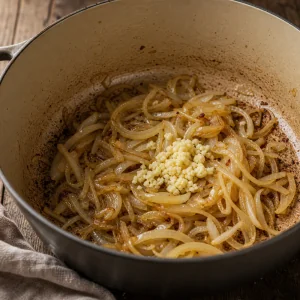 Sliced onions and minced garlic cooking in the pot