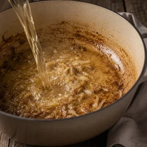 White wine bubbling with caramelized onions in the pot