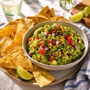 Charred corn guacamole served with warm tortilla chips