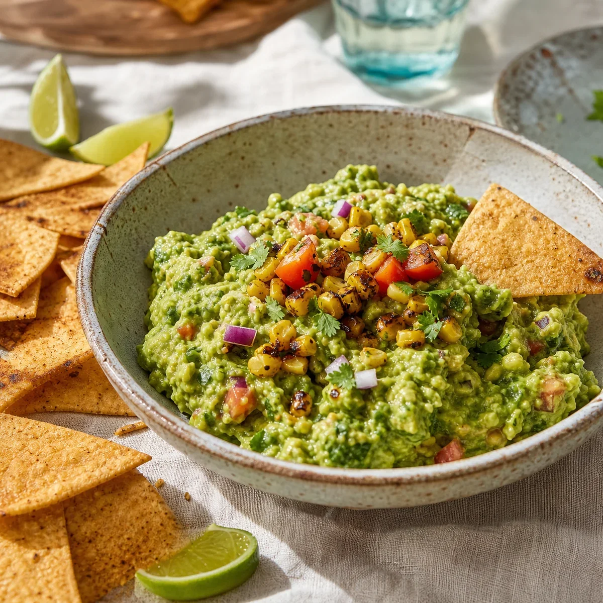 Charred corn guacamole with baked tortilla chips and lime wedges