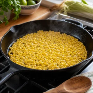Corn kernels starting to cook in a cast-iron skillet