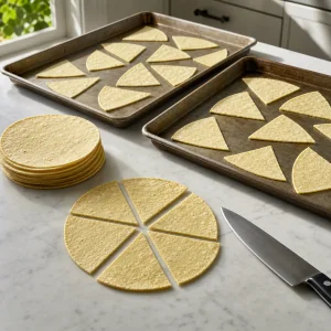 Corn tortillas cut into wedges on two baking sheets