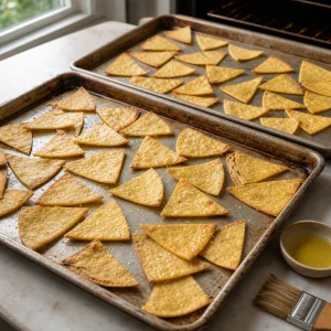 Golden baked tortilla chips on two sheet pans
