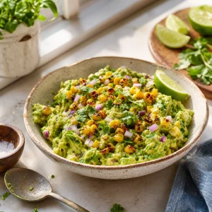 Guacamole topped with charred corn in a serving bowl