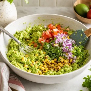 Mashed avocado being mixed with vegetables and charred corn