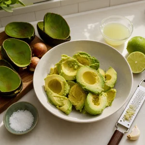 Scooped avocado flesh with lime, garlic, and salt