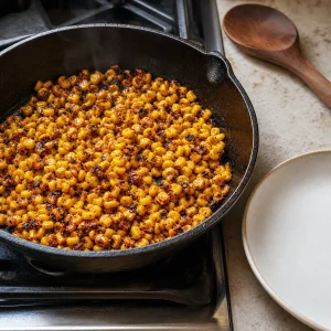 Seasoned charred corn in a cast-iron skillet