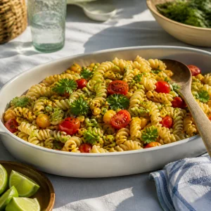 Charred corn, tomato and lime pasta salad in a serving platter