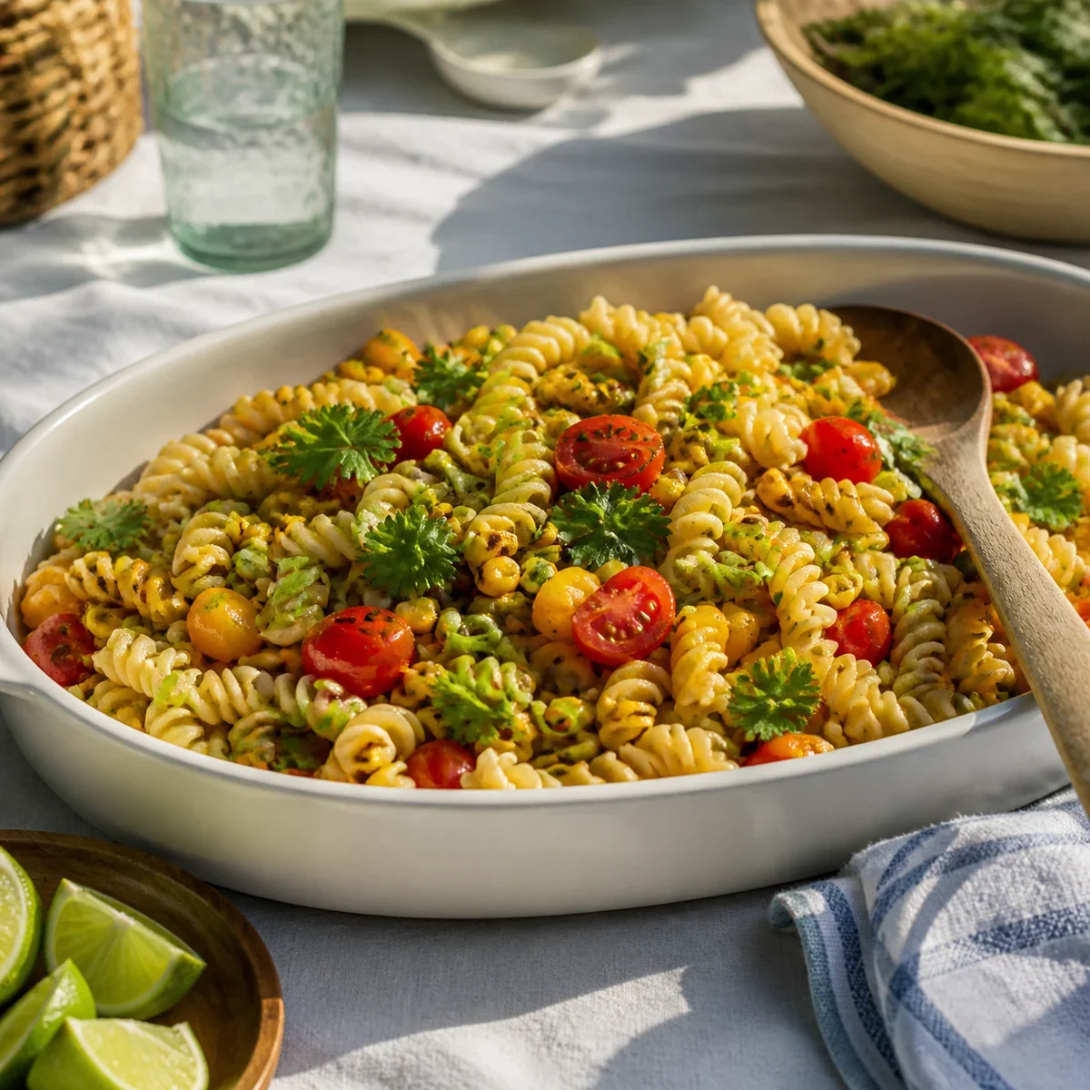 Charred corn, tomato and lime pasta salad in a serving platter