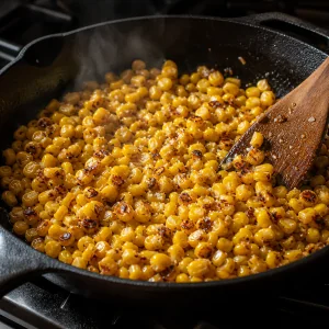 Corn kernels browned in spots in a cast-iron skillet