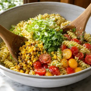 Corn, tomatoes, scallions and cilantro being mixed with rotini