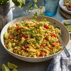 Finished pasta salad garnished with fresh cilantro