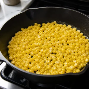 Fresh corn kernels spread in a cast-iron skillet