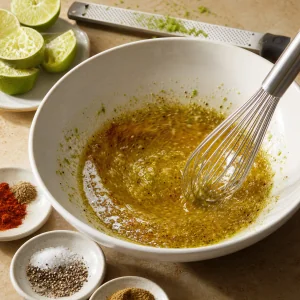 Lime and spice dressing being whisked in a bowl