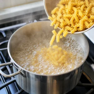 Rotini pasta being added to a pot of boiling water