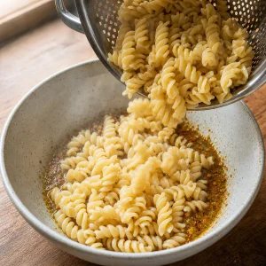 Warm rotini being added to lime dressing