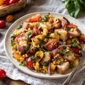 Charred corn and tomato panzanella with toasted bread and basil
