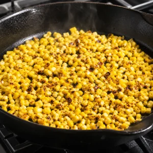 Corn kernels charring in a cast-iron skillet