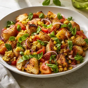 Finished panzanella with fresh basil on a wide platter