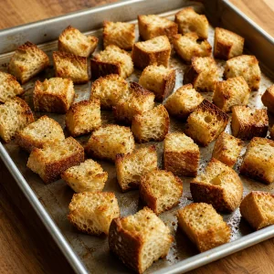 Golden toasted bread cubes on a baking sheet