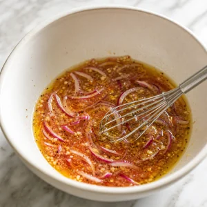 Red onion vinaigrette with a whisk in a bowl