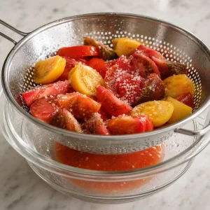 Salted tomato wedges draining over a bowl
