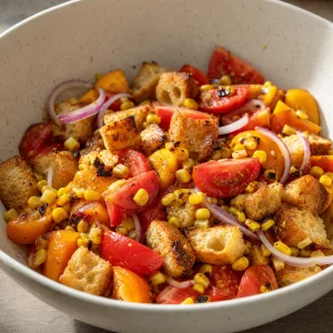 Tomatoes, charred corn, and toasted bread mixed in a bowl
