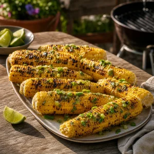 Charred corn with lime scallion butter on a platter