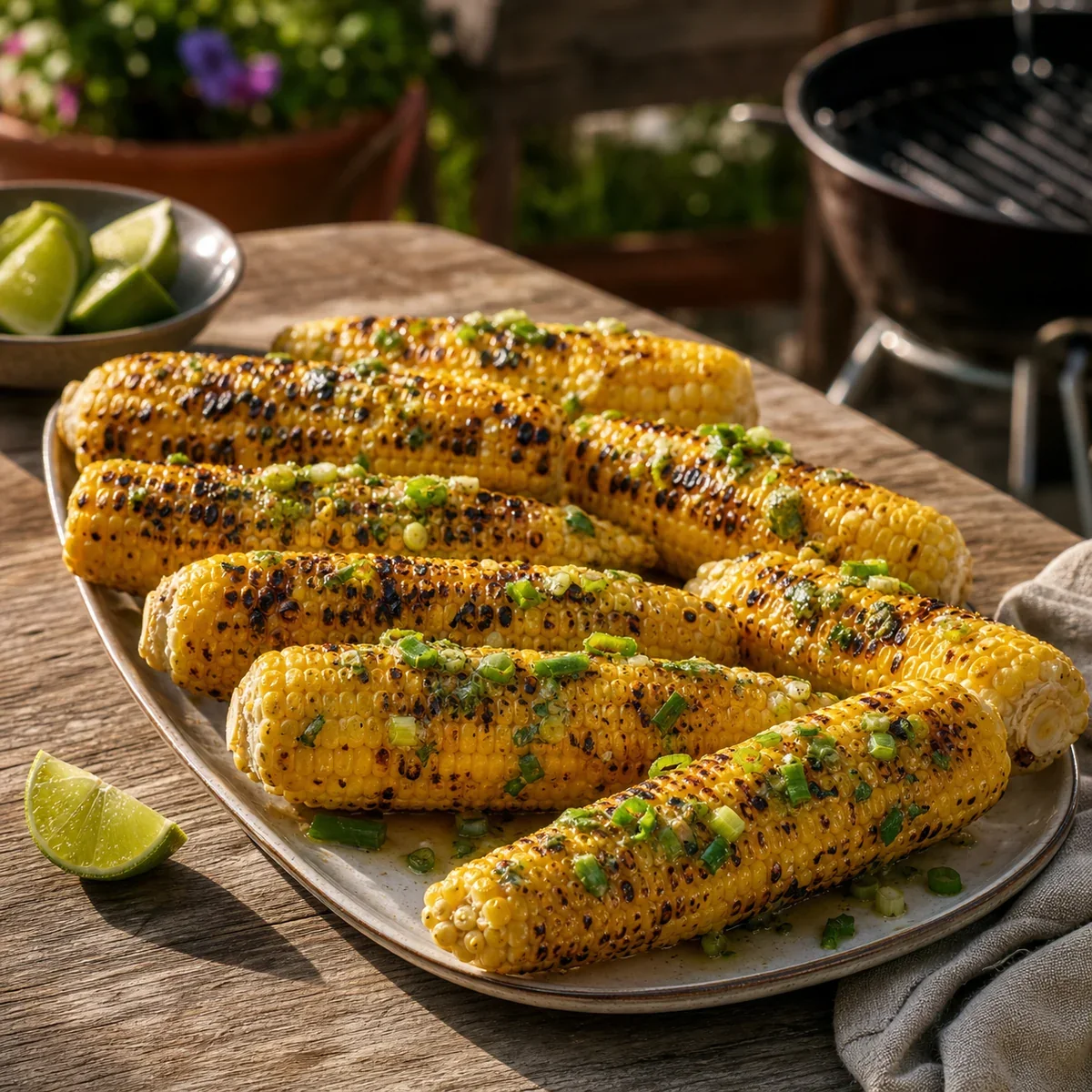 Charred corn with lime scallion butter on a platter
